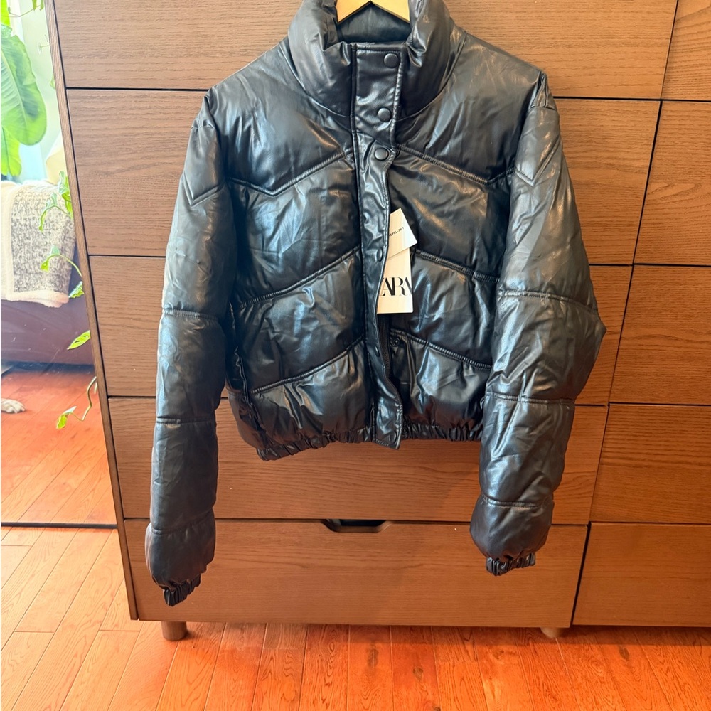 Women's Black Faux Leather Puffer Jacket